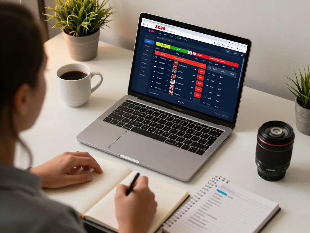 Engaging atmosphere of SC88 sports betting with user analyzing odds on laptop at home.