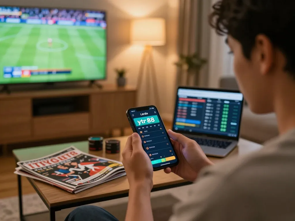 Engaging in live sports betting through ytr88 on a smartphone in a warm home setting.