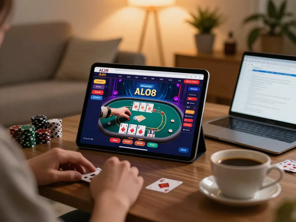 Engaging in exciting online casino gameplay at ALO8 while enjoying a cozy home atmosphere