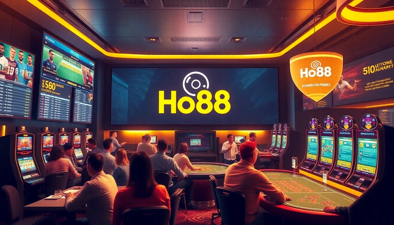 Engaging casino scene showcasing Ho88 with vibrant players and digital betting interfaces.