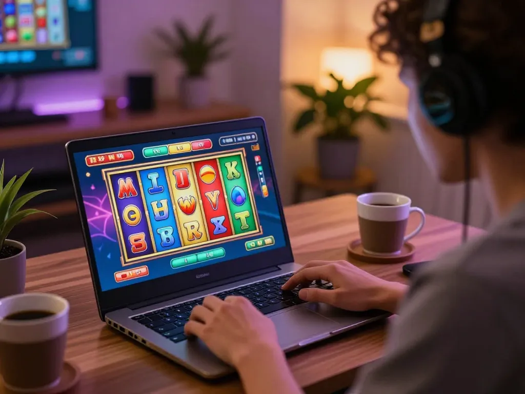 Player engaging in online slot gaming on laptop, focusing intensely while utilizing doctorjenmt's insights for successful strategies