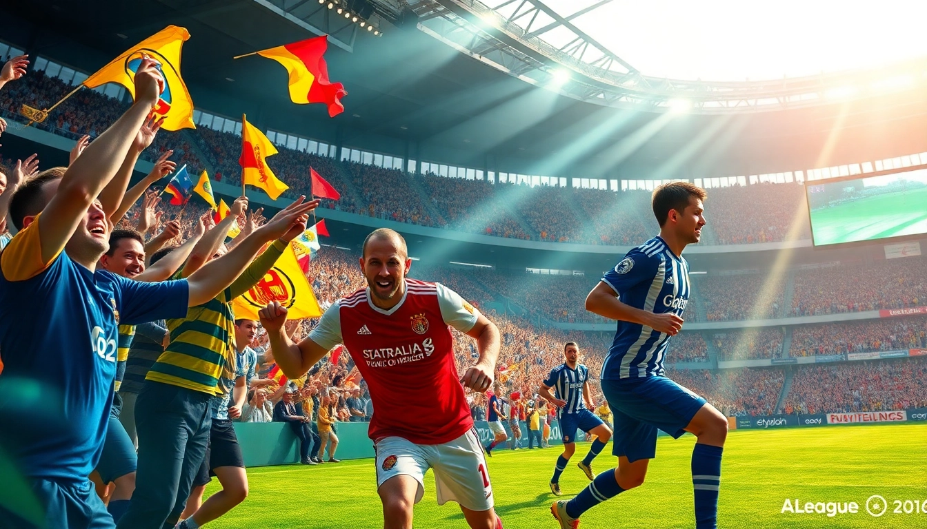 Vô Địch Quốc Gia Australia football match with players in action and cheering fans in the stadium.