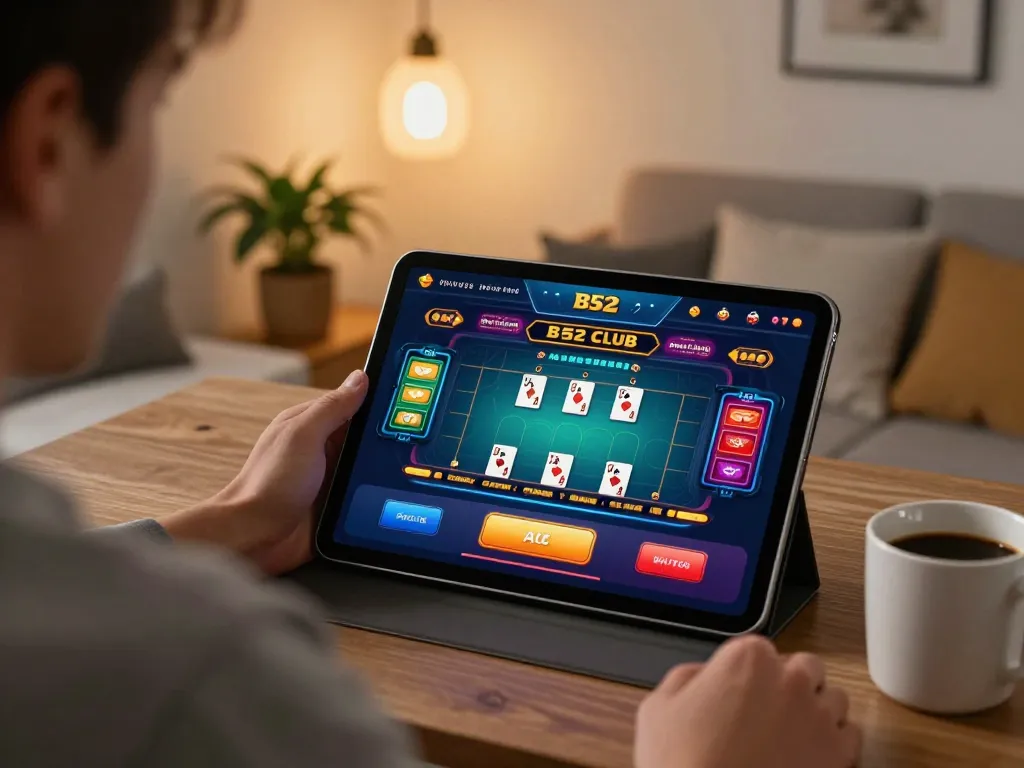 Player engaging with the B52 CLUB online casino app on a tablet in a stylish home setting.