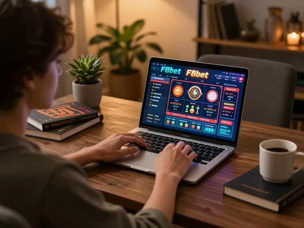 Engaging in F8bet online gaming with a stylish laptop setup and strategic notes.