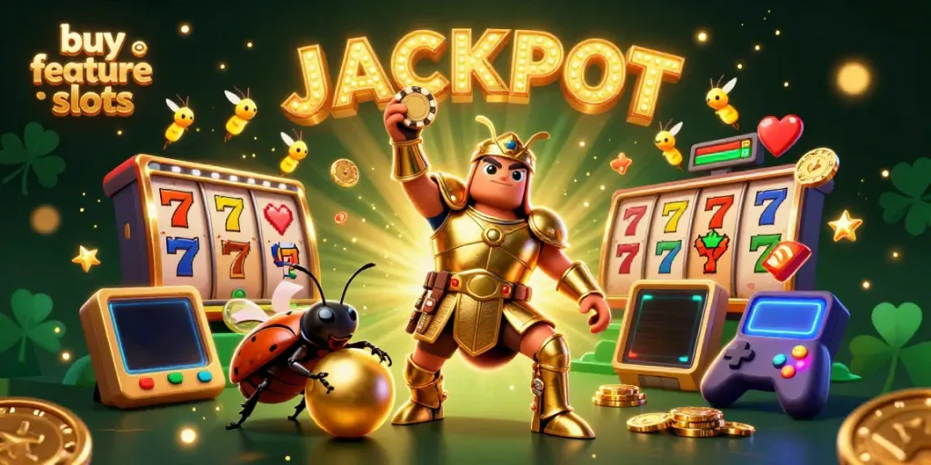 Engage with buy feature slots as a gladiator beetle celebrates a jackpot amidst vivid gaming elements.