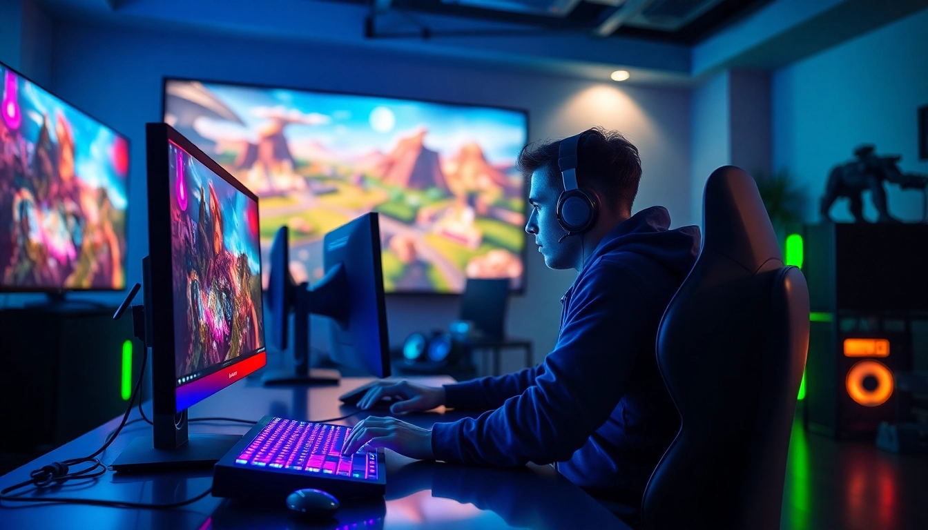 Jogador concentrado no jogo higame com iluminação vibrante e ambiente contemporâneo.