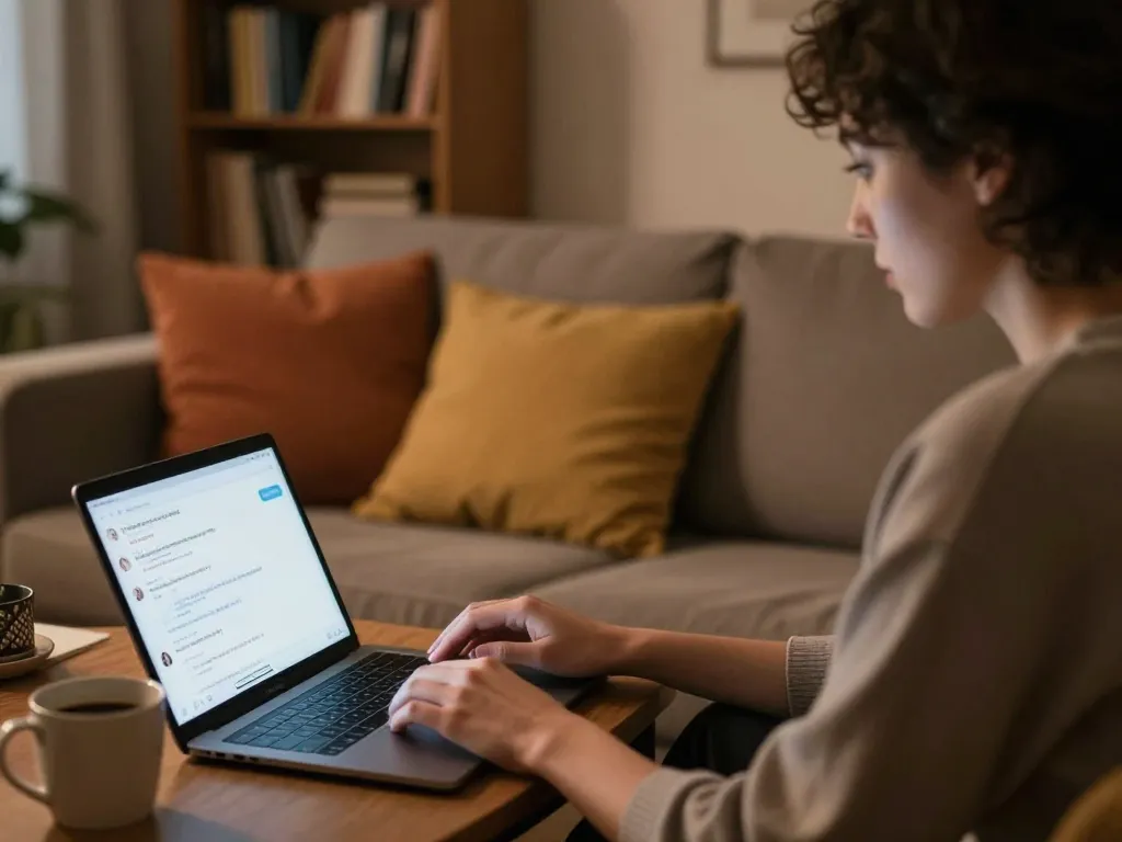 Engaged user in cozy setting exploring ai sex chat with an AI companion on their laptop.