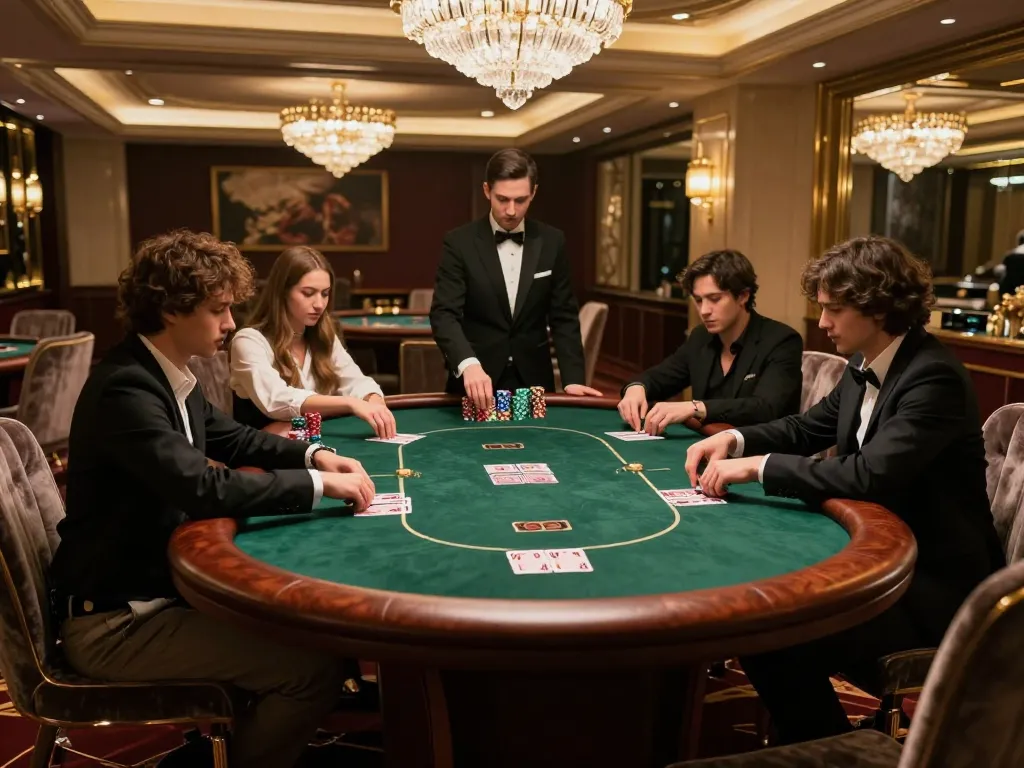 HM88 poker players engage in a high-stakes game in a luxurious casino VIP room.