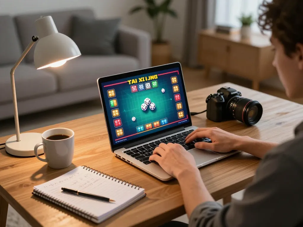 Engaging online tai xiu gameplay on a laptop in a cozy and strategic home setting