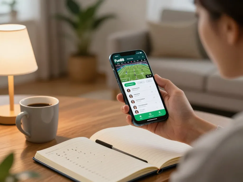 Engaging with the Fun88 app on smartphone for strategic betting in a cozy home.