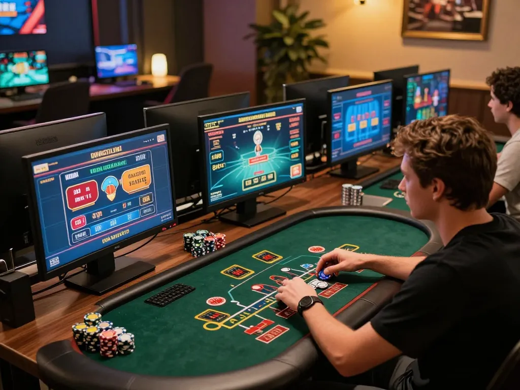 Engaged player strategizing at nhà cái sc88 online gaming platform with multiple screens showcasing various games.
