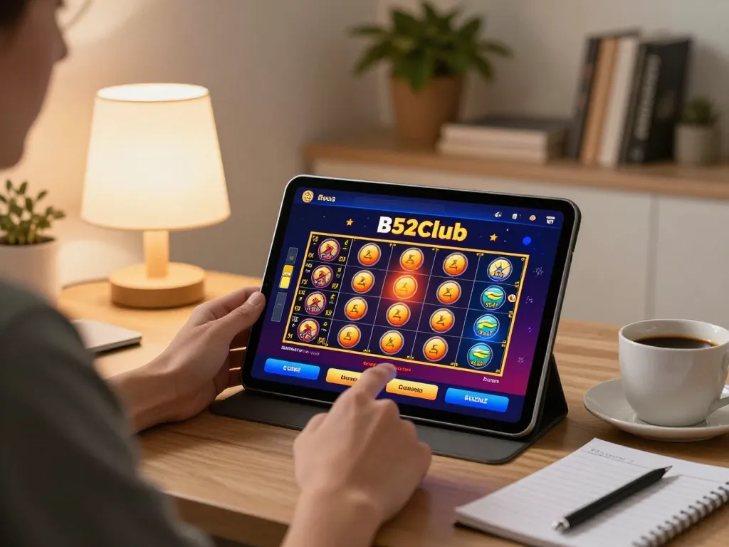 Người dùng B52club thưởng thức trò chơi slot và poker trực tuyến trong không gian ấm cúng tại nhà với những ghi chú chiến lược.