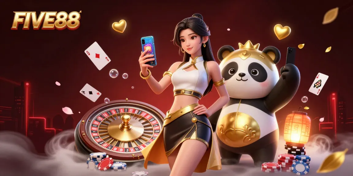 Engaging FIVE88 illustration showcasing an Asian woman and panda mascot celebrating casino gaming with vibrant visuals