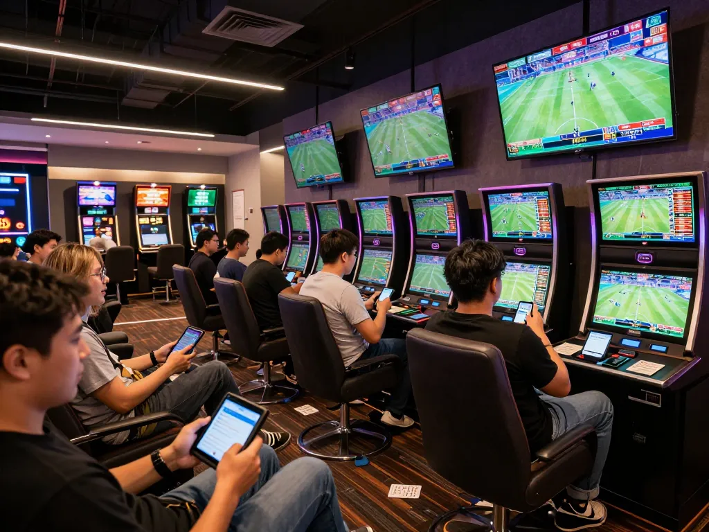 Cheering bettors using the Lucky88 app at a lively sports lounge with live game screens.
