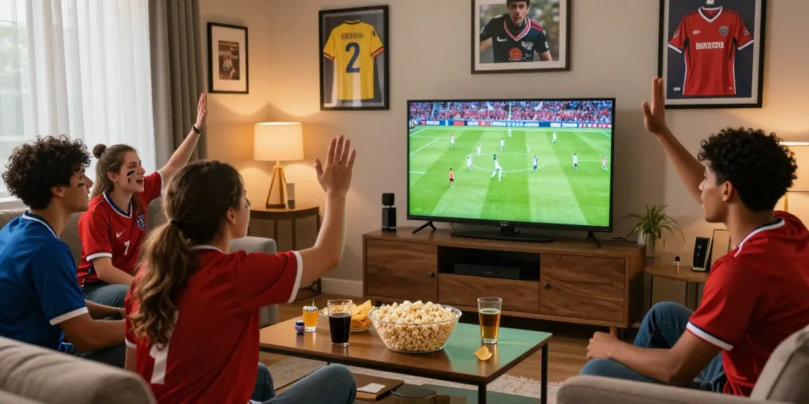 Friends watching a football match live in their living room, celebrating رابط مباريات اليوم with snacks and team jerseys.