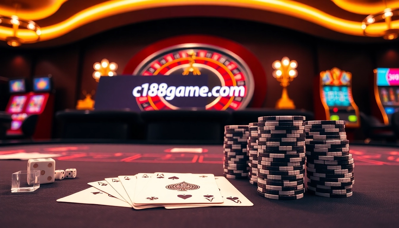 Playing poker at c168game.com with vibrant chips and cards in an upscale casino setting.