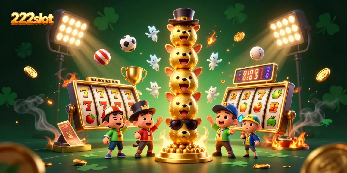 Memenangkan 222slot dengan ilustrasi totem emas dan elemen kasino yang dinamis.