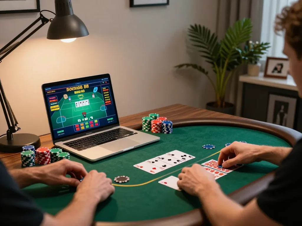 Engaged player strategizing during a domino88 poker game on a modern laptop at home