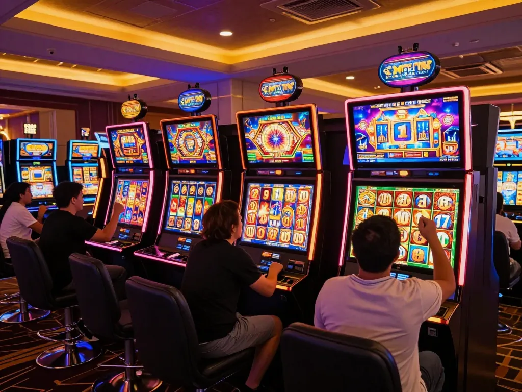 Players celebrating a win at slot gacor machines in a vibrant casino with colorful lighting