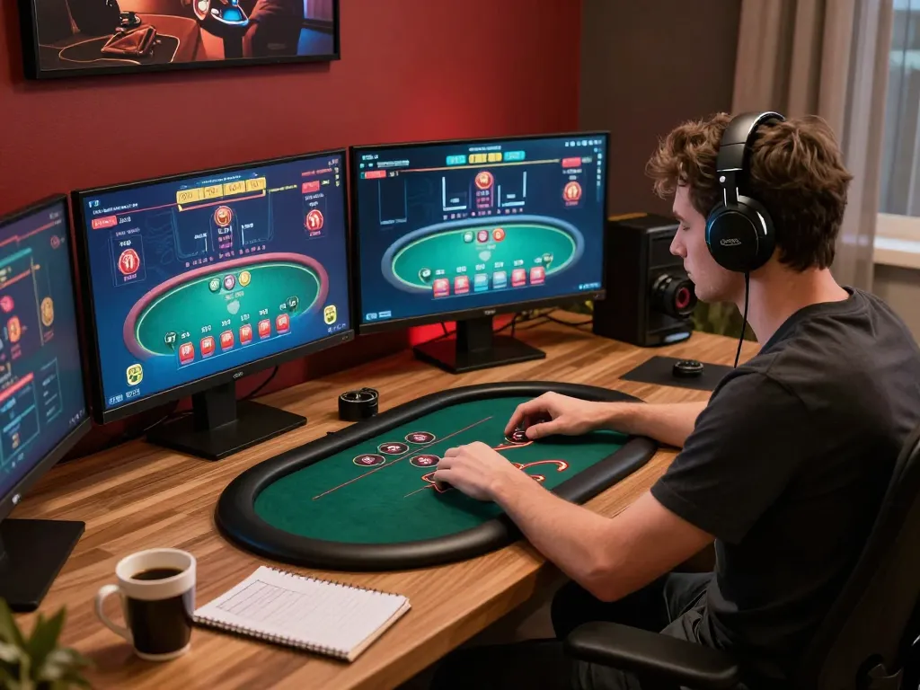 KDslot player intensely strategizing with multiple screens and notes during an online gaming session.