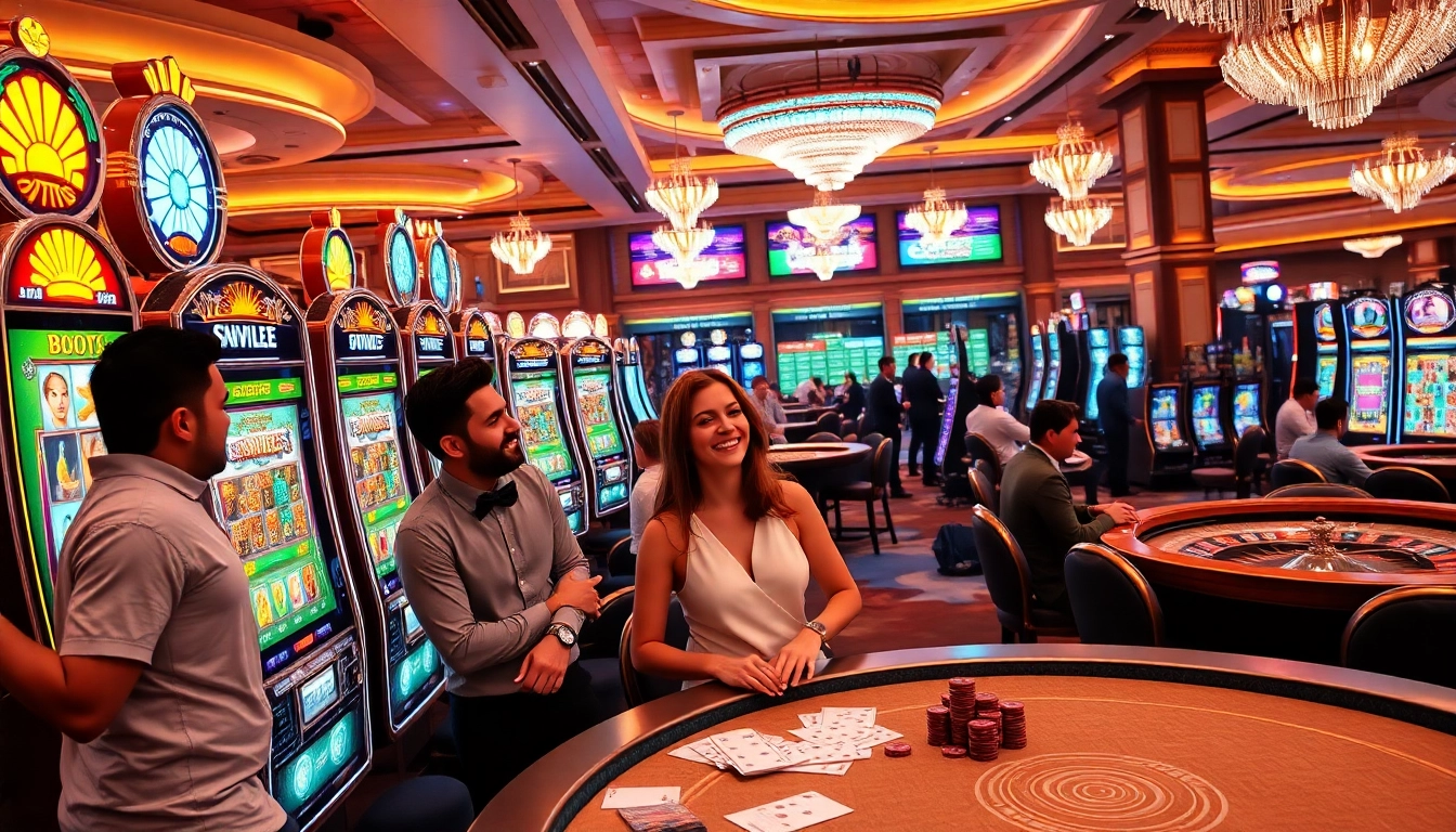Players enjoying slot gacor bonus besar in a vibrant casino setting, highlighting excitement and luxury.