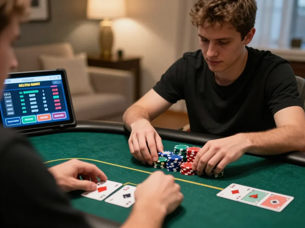 Engaged player strategizing during an online poker game at nhà cái fly88 while enjoying a cozy home atmosphere.