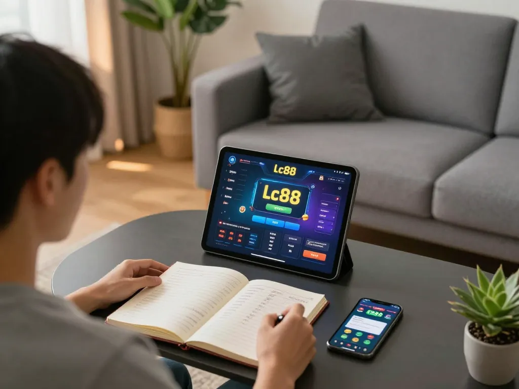 Engaging in Lc88 game on a tablet in a cozy home setup, showcasing online betting strategies.