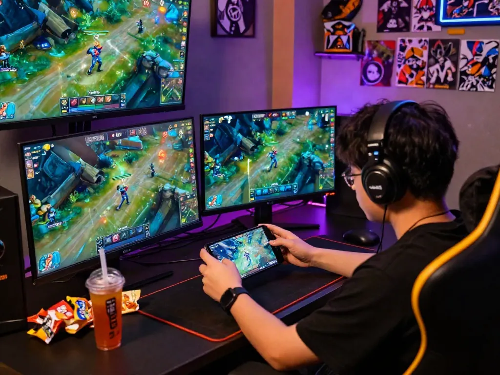 Competitive ORION88 gaming scene with a player focused on mobile strategies and vibrant LED setup.