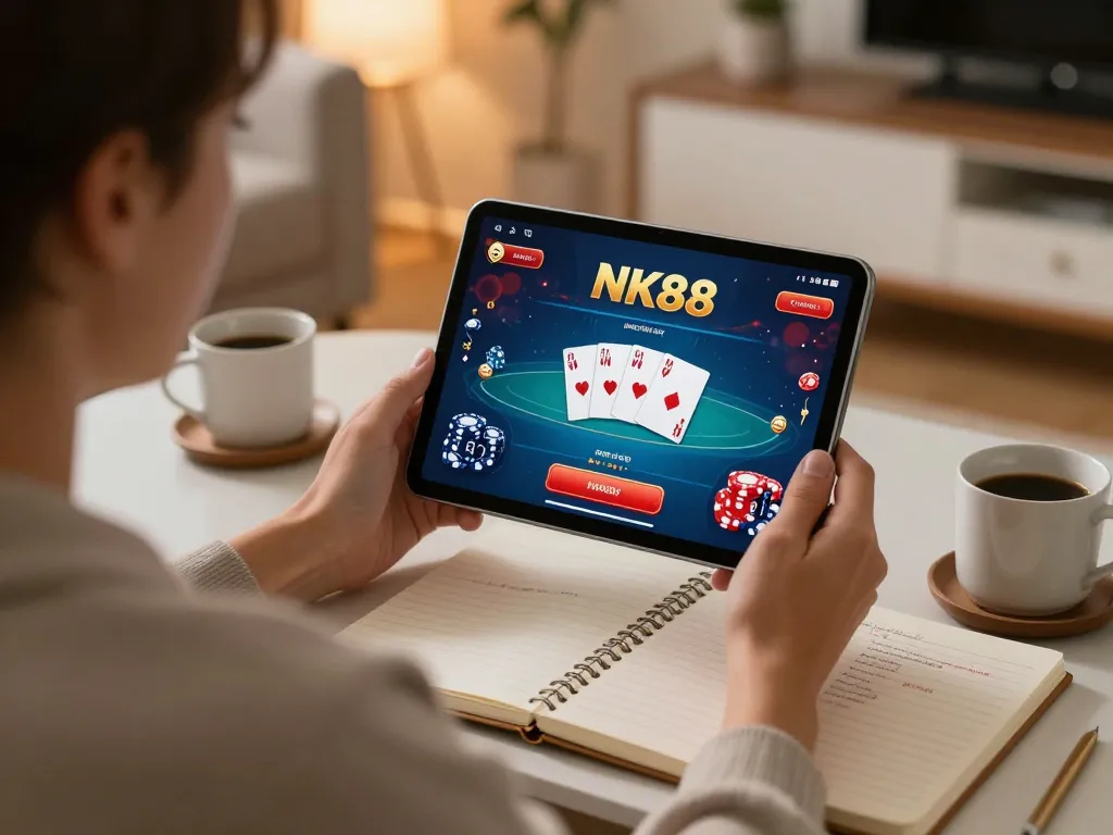 Player engaging in NK88 online poker, showcasing vibrant game interface and cozy gaming environment