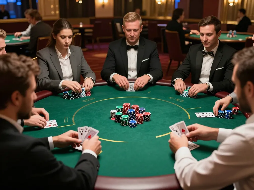 pemain di meja poker di kasino yang ramai, menampilkan strategi menang dan kegembiraan westsrestaurant