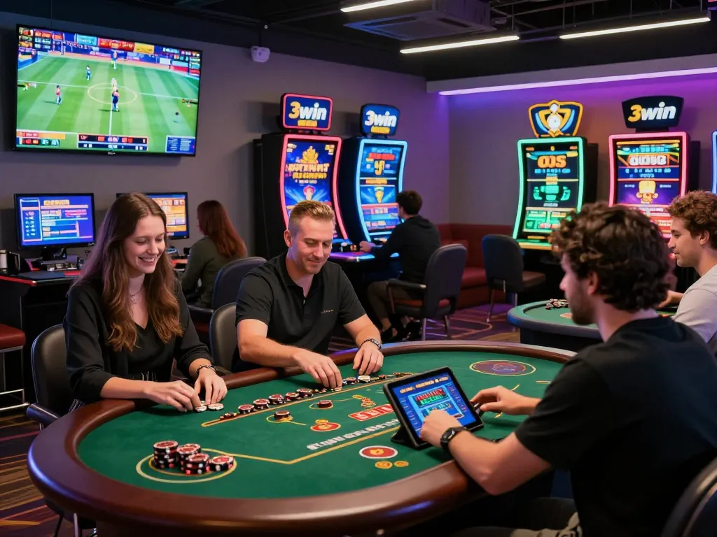 Engaging scene at 3win online gambling platform showcasing players enjoying sports betting and live casino games in a vibrant, modern setting.