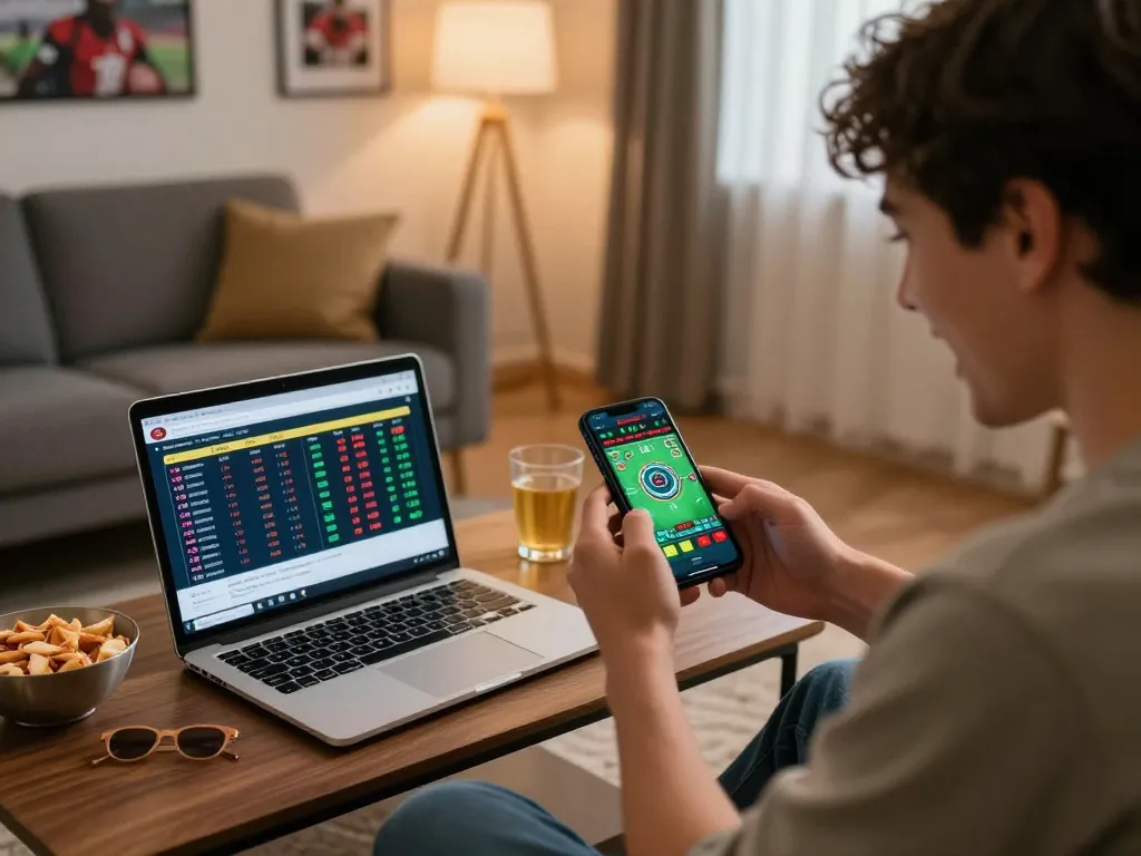 ONE88 user placing sports bets on smartphone in a cozy home setting while enjoying snacks.