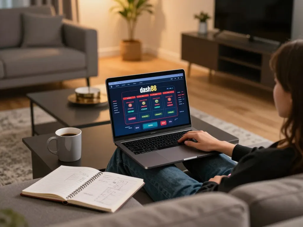 Engaging online gaming experience at dash88 with a laptop and strategy notes in a cozy home setting