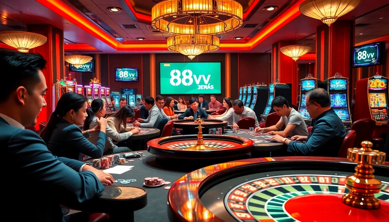Players enjoying the excitement of gambling at 88vn casino with vibrant tables and slot machines.