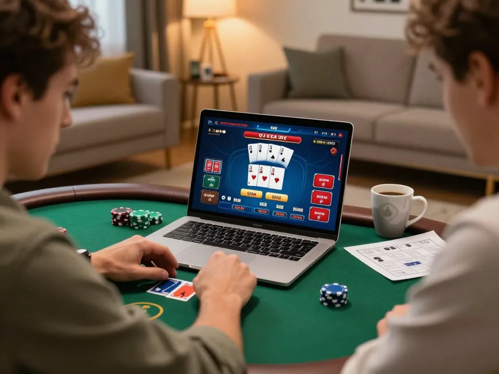 Player immersed in macan33 poker session at home with laptop and strategy notes.