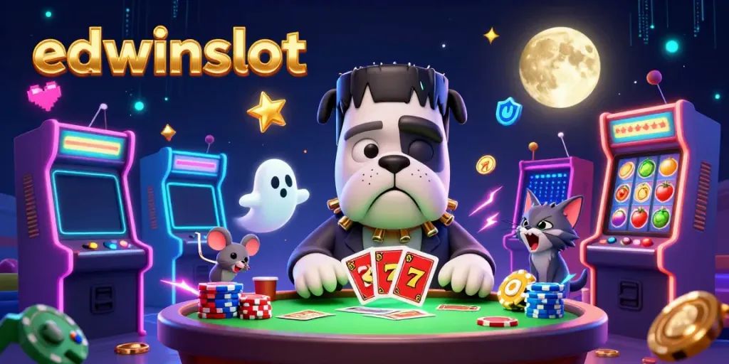 Engage with edwinslot at a lively casino scene featuring vibrant characters and exciting gaming elements.