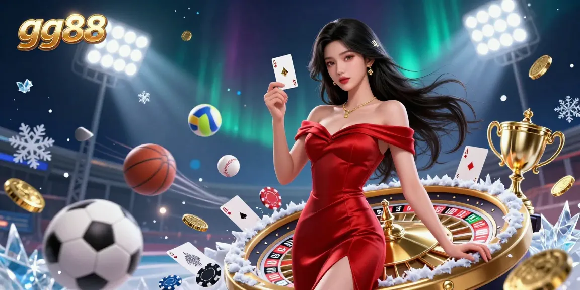 Experience thrilling gameplay with gg88 at a vibrant casino scene featuring a beautiful Asian woman and dynamic sports elements.