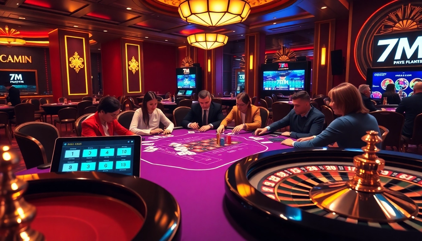 Players enjoying an exciting poker game at a casino table featuring the 7M branding.