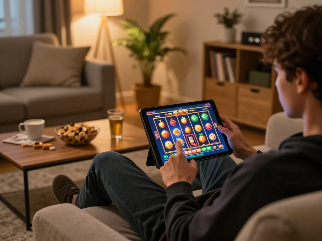 Engaged player enjoying slot online action on tablet at home, with vibrant game graphics and cozy ambiance.