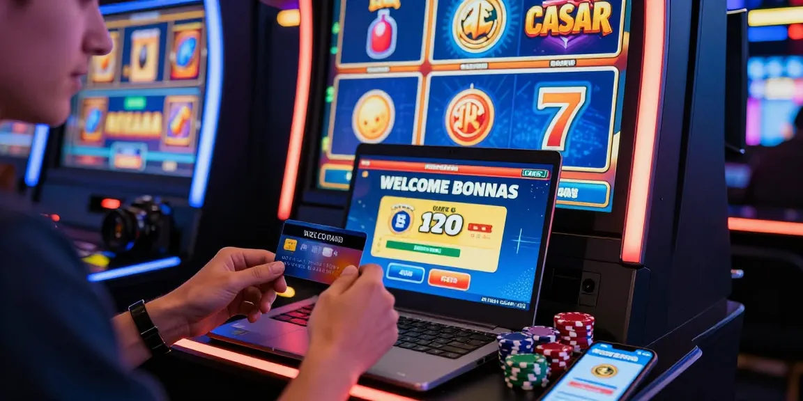 Player enjoying an exciting moment at a credit card casino, engaging with digital slots and vibrant graphics.