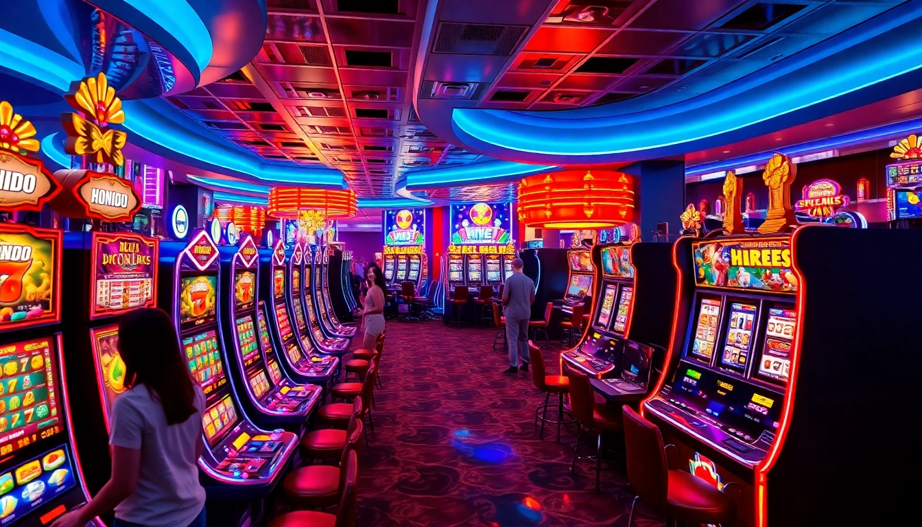 Experience the thrill at AT99娛樂 with a lively casino floor filled with vibrant slot machines and players.