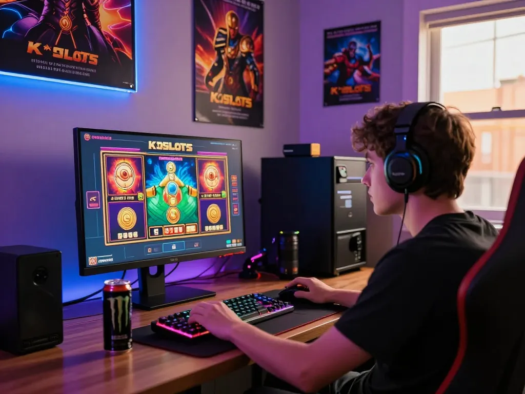 Player enjoying kdslot games on a colorful gaming setup with ambient lighting.