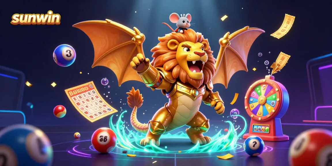 Experience thrilling gameplay at sunwin with colorful lottery elements and a triumphant chimera in a vibrant scene.