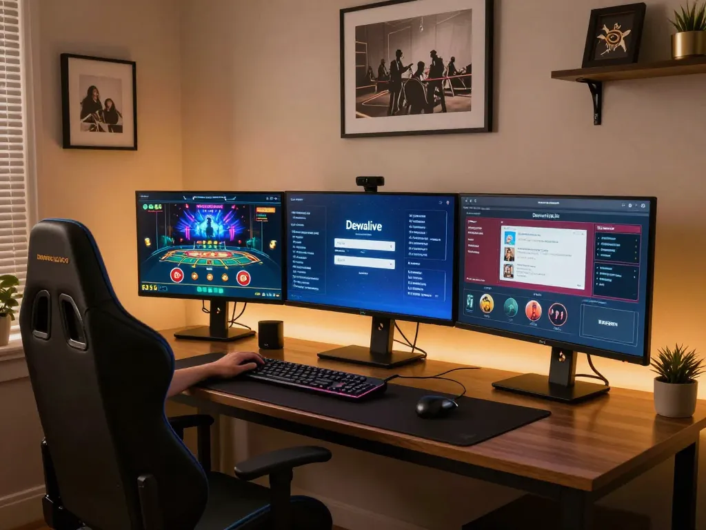 Dewalive Login interface showcased on multi-screen gaming setup, emphasizing strategic online casino gameplay.