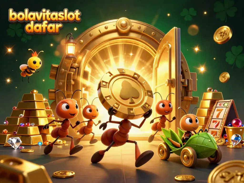 Experience the excitement of bolavitaslot daftar with this vibrant illustration of ants heisting a giant poker chip.