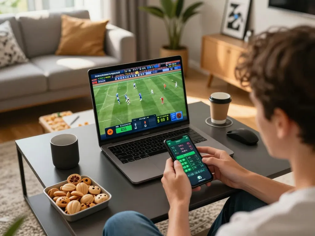 Tg88 user engaging in a live sports betting session from home, smartphone in hand and laptop showing game stats.