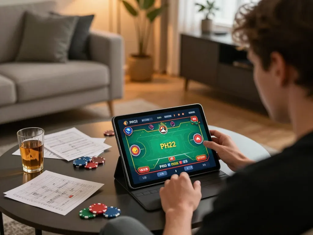 Player engaging with the PH22 casino app in a stylish home setting while strategizing for online gaming.
