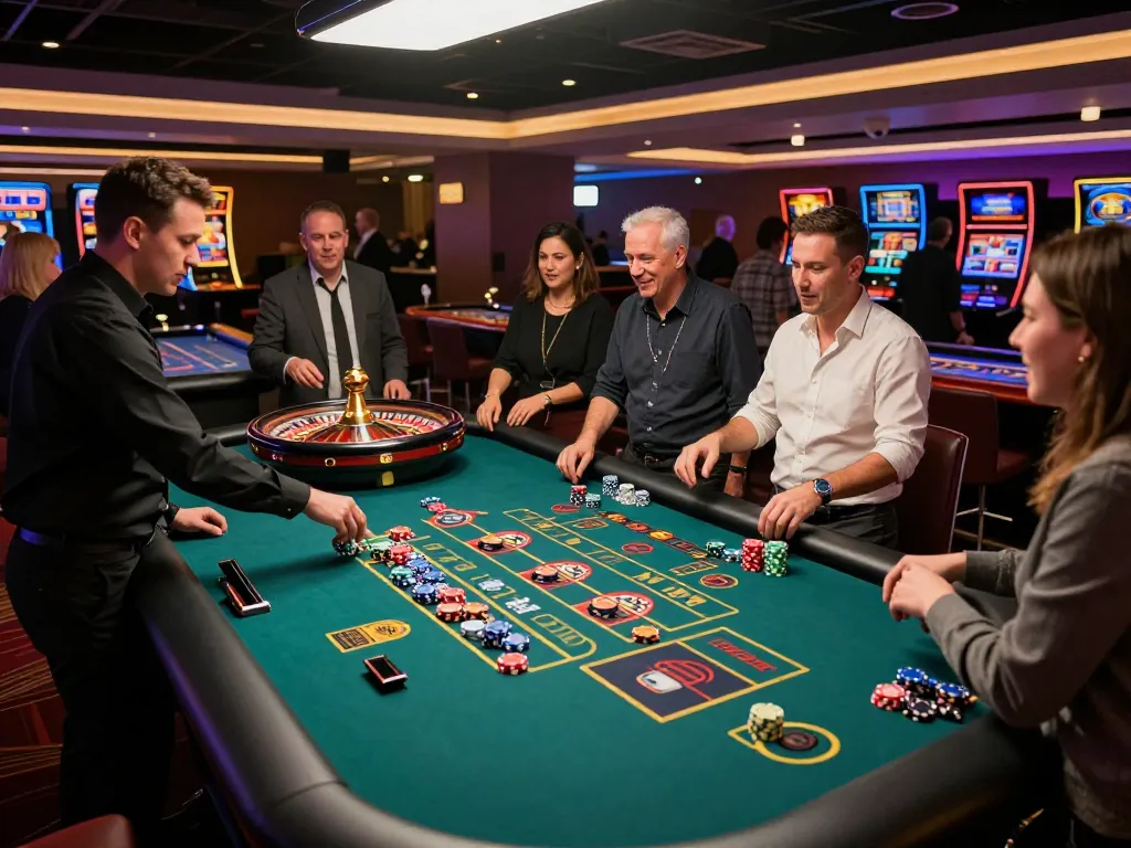 Players enjoying the thrill of non gamstop casinos around an active roulette table, vibrant atmosphere.