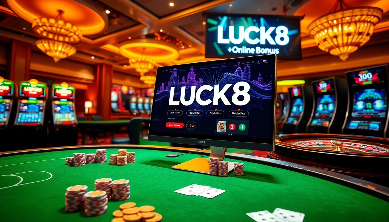 LUCK8 online casino interface surrounded by vibrant gaming elements, showcasing the excitement of gambling.