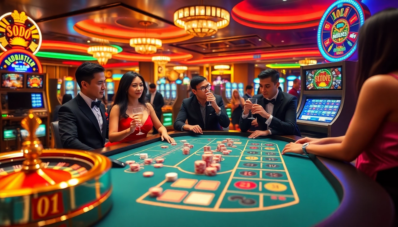 Players enjoying an engaging game at SODO Casino, filled with vibrant slot machines and roulette wheels.